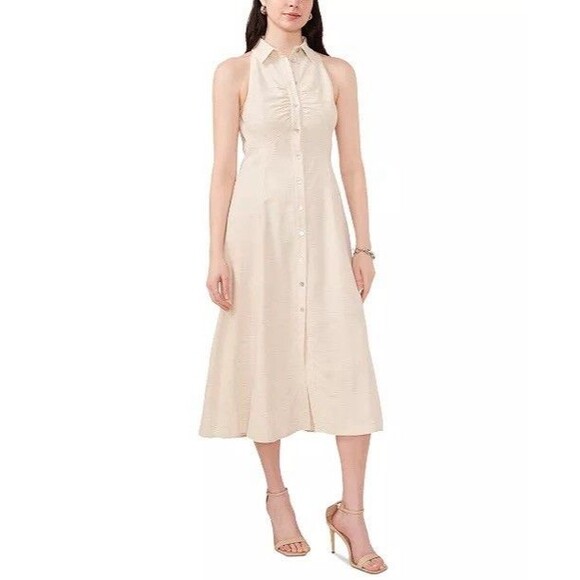 1. State Shirt Dress Silhouette XL Beige Linen Midi Modest Minimalist Feminine - Picture 1 of 15